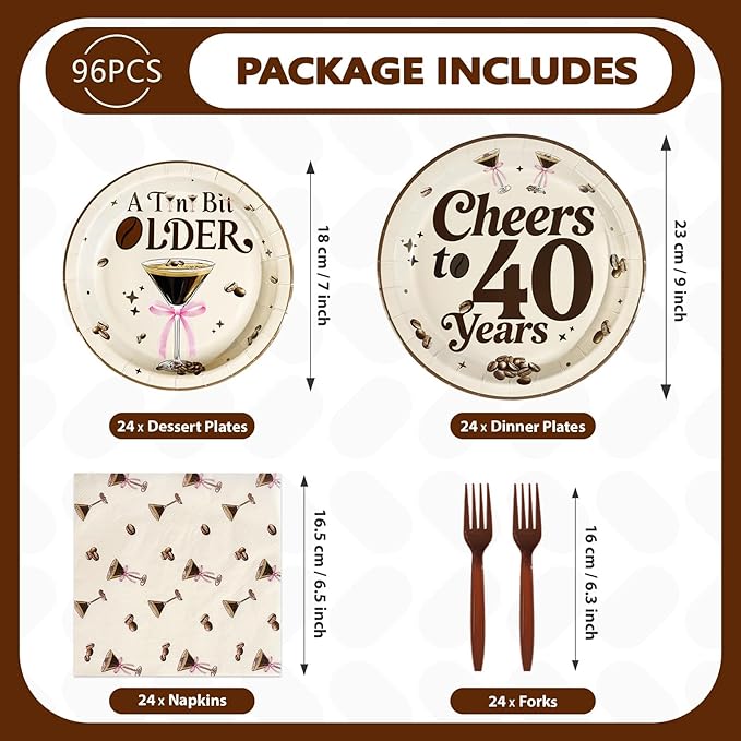96Pcs Espresso Martini 40th Birthday Decorations Cheers to 40 Years Plates and Napkins Disposable Espresso Martini 40th Paper Tableware Sets for Women Cheers to 40 Birthday Party Supplies, Serves 24