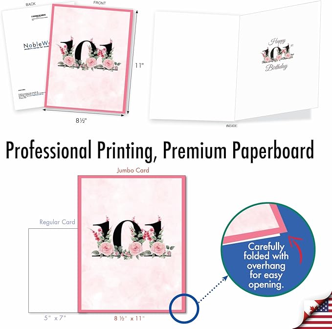 NobleWorks Oversize 101th Milestone Birthday Greeting Card 8.5 x 11 Inch with Envelope (1 Pack) Oversize Jumbo Floral Age 101 J8267MBG