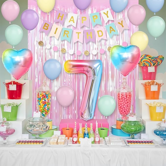 7th Birthday Decorations Rainbow,Gradient Number 7 Balloon,Pastel Happy Birthday Banner Fringe Curtain Heart Foil Balloons Boys Girls 7 Year Old Decor