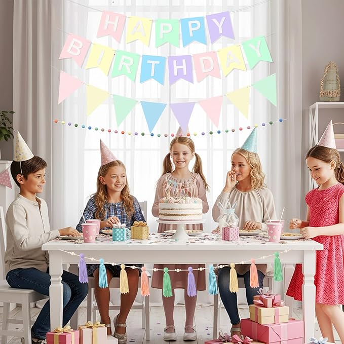 139 Pcs Felt DIY Custom Banner Kit Include 104 Letters 18 Swallowtail Flags 15 Pennants 2 Pcs Pom Pom Garland Tassel Pompom Decoration for Home Baby Shower Birthday(Pastel)