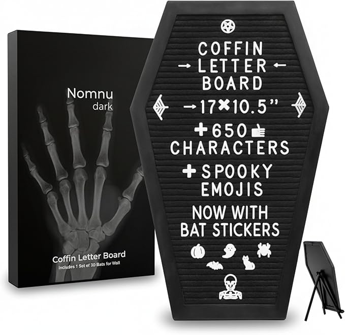 Nomnu Coffin Letter Board Black +3D Bat Stickers +650 Characters, Spooky Seasonal Emojis, Wooden Stand - 17x10.5 Inches - Coffin Shaped Goth Decor Sign Halloween Decorations Gothic Decor Birthday Home Spooky Gifts