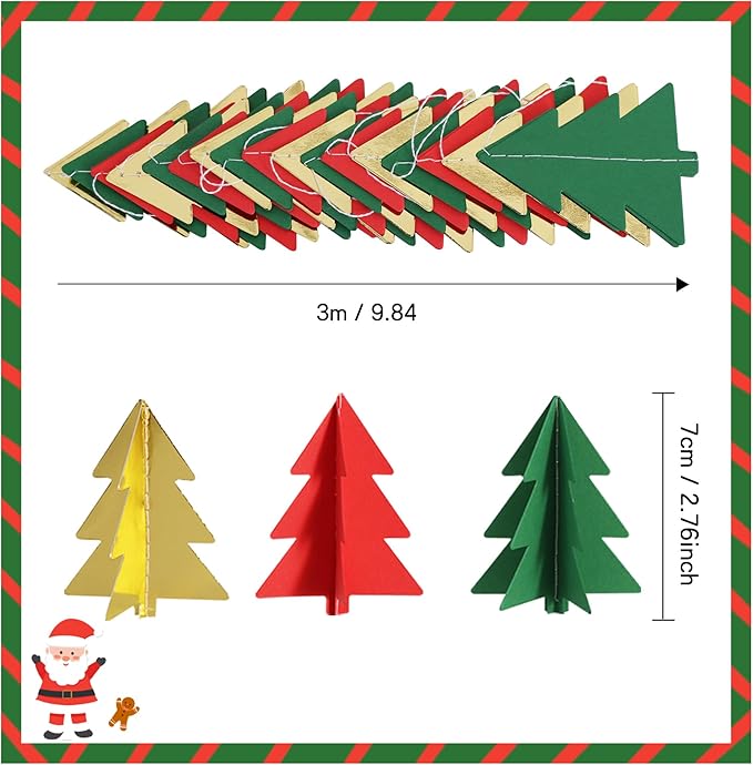 BEISHIDA Red Green Gold Christmas Decorations, 2 Pcs 3D Christmas Tree Paper Garland Xmas Hanging Ornaments Party Decorations for Baby Shower New Year Party Supplies