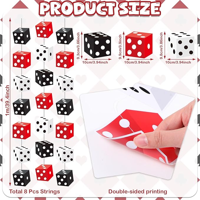 Xinnun Casino Dice Party Decorations Red Black White Dice Hanging Banners Garland Night Las Vegas Theme Cutouts Ribbon Streamers for Vegas Casino Prom Birthday Homies Party Games Decor Supplies