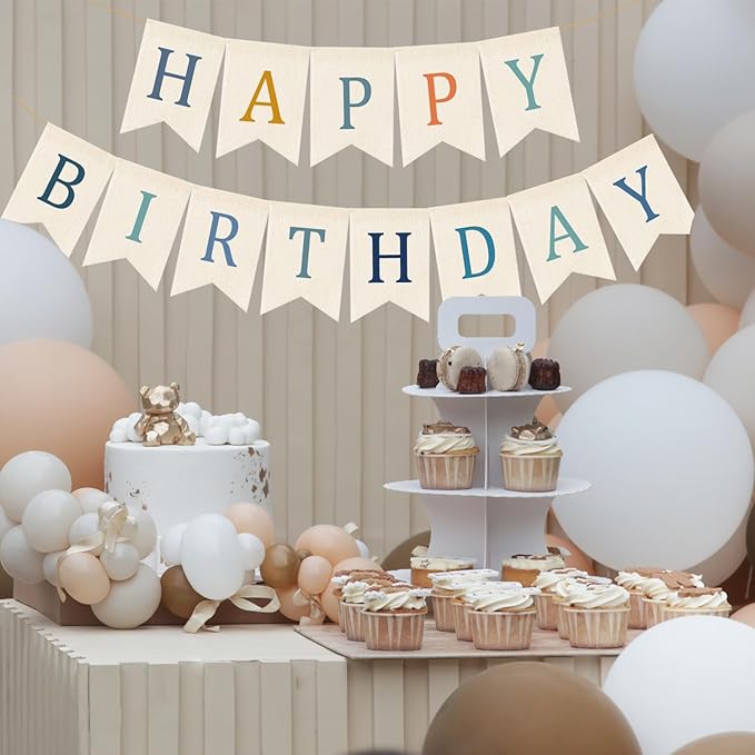 Doumeny Happy Birthday Burlap Banner Boho Birthday Bunting Garland Blue Bohemian Sign Flag White Birthday Hanging Banner Pastel Rainbow Party Decor for Home Mantel Fireplace Nursery Party Backdrop