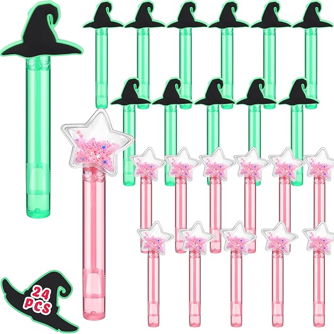 24 Pcs Witch Party Favors Witch Hat and Star Bubble Wands Pink and Green Bubble Wands for Summer Outdoor Goodie Bags Stuffers Carnival Prizes Birthday Treats