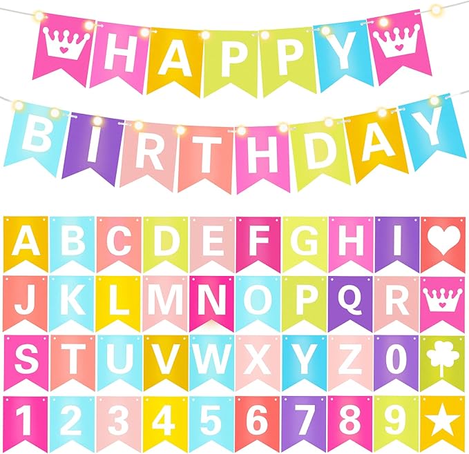 TaoBary 135 Pcs DIY Banner Custom Letters Kit Make Your Own Banner for Birthday Graduation Party Decor Include 107 Letters and Numbers, 16 Symbols, 2 String Lights, 5 Needles, 5 Rope (Colorful)