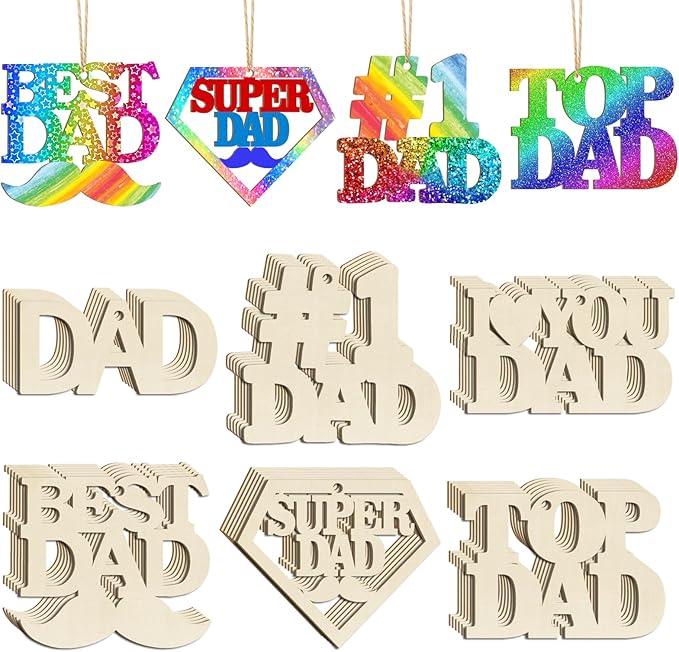 36PCS Wooden Father's Day Ornaments to Paint, 6 Styles Best DAD DIY Blank Unfinished Wood Cutouts Father's Day Gifts Ornament for Crafts Birthday Party Hanging Decorations Daddy