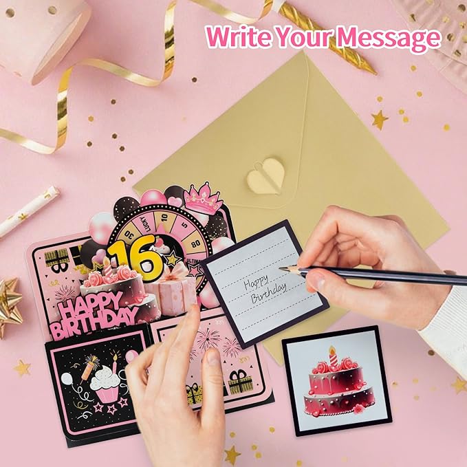 FaCraft Pop Up 16th Birthday Card - Handmade Happy Birthday Pop Up Greeting Cards Gift with Envelope and Blank Insert, Spinning Wheel Design, 16 Year Old Teens, Girls, Daughter