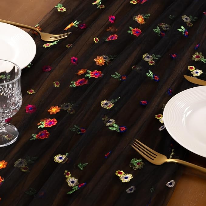 Socomi Black Embroidery Daisy Spring Easter Floral Wildflower Tulle Gauze CheeseclothTable Runners for Wedding Party Baby Shower Birthday Holiday Picnic Home Decor 1pc