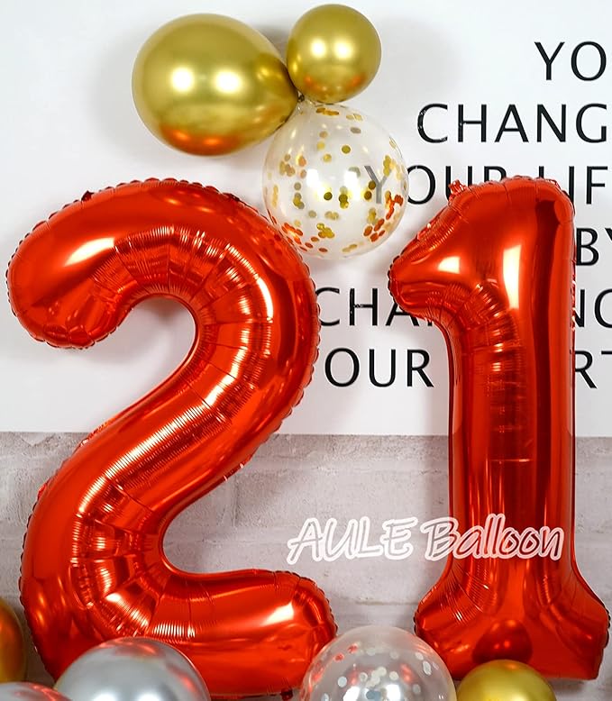 AULE 40 Inch Big Red Foil 21 Number Balloons for Women Large 21st Happy Birthday Decorations Giant Huge Helium Mylar 12 Anniversary Party Decor