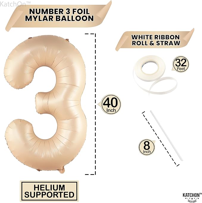 KatchOn, Giant, Number 3 Balloon Caramel - 40 Inch | Number Three Balloon, 3rd Birthday Party Decorations | 3rd Birthday decorations for Girls | Happy Anniversary decorations