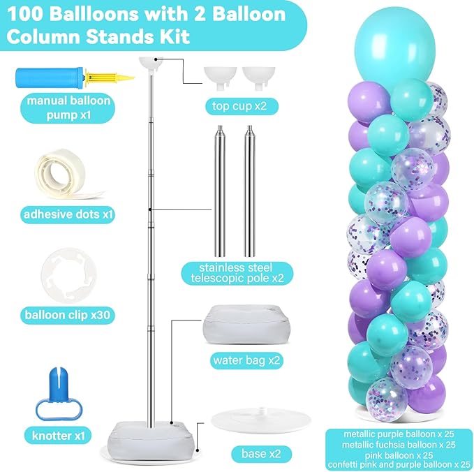 2 Sets Pink Purple Blue Balloon Column Stand Kit with 100 Balloons Adjustable Balloon Tower Stand with Bases for Floor Confetti Balloons Column Kit for Mermaid Theme Graduation Birthday Party Decor