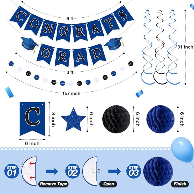 Blue and Black Congrats Grad Banner 2026 Graduation Decorations with Hanging Swirl Honeycomb Ball Circle Garland Grad Party Favor Supplies for College Senior High School Classroom Decor