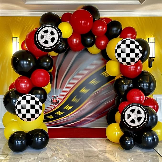 Race Car Balloon Garland Arch Kit, 160Pcs Red Yellow Black Latex Balloons Wheel Checkered Foil Balloons for Racing Car Two Fast 2nd Birthday Party Decorations