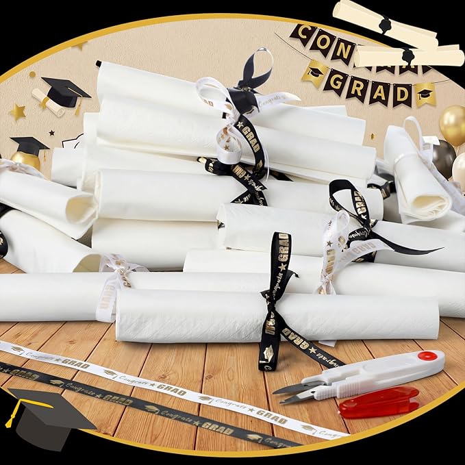 120 Set Congrats Grad Guest Napkins Black and White Rolled Silverware Disposable Grad Award Dinner Napkin with Ribbon and Scissors for Celebration