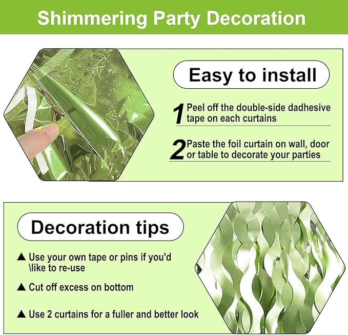 4 Pack Light Green Wave Foil Fringe Curtain Backdrop, 3.28Ft x 8.2Ft Metallic Tinsel Foil Fringe Streamer Curtains for Photo Booth, Mother's Day, Easter, Birthday, Wedding Party Decoration