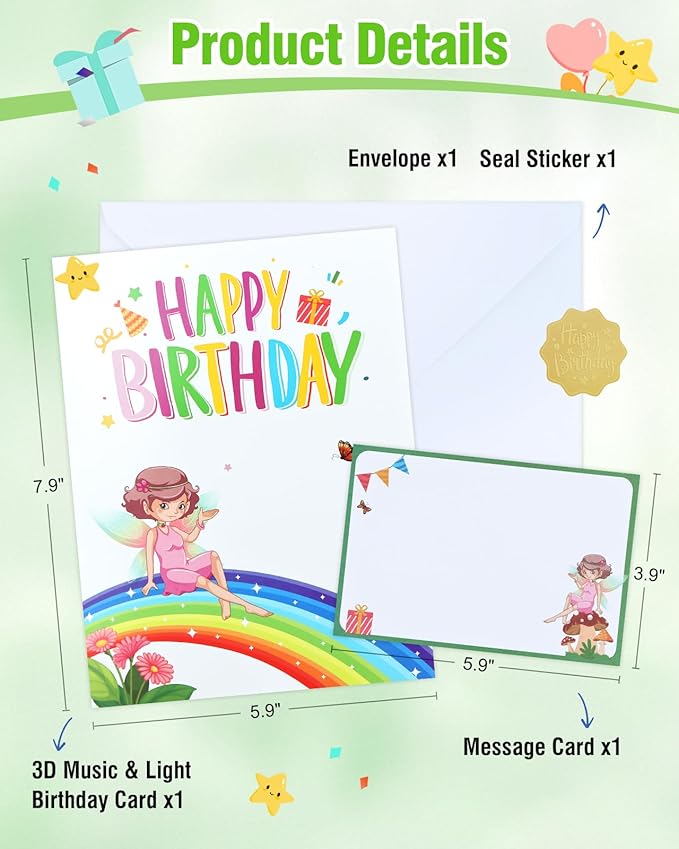 FaCraft Fairy Birthday Card - Musical Pop Up Birthday Card for Girls & Kids - 1st Birthday Card Girl with Blowable Candle & Cheering Sound - 8x6 Handmade Greeting Card with Envelope Blank Insert Seal