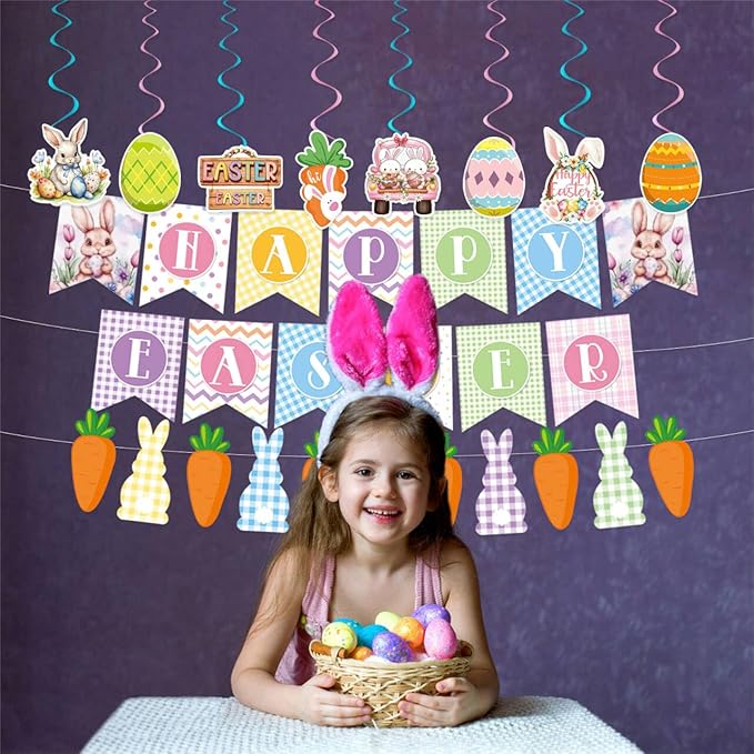 Happy Easter Banner Easter Decorations Bunny Easter Banner Garland Egg Bunny Hanging Swirls Easter Egg Bunny Party Decorations Easter Party Supplies Outdoor Indoor Home Office Spring Party Decoration