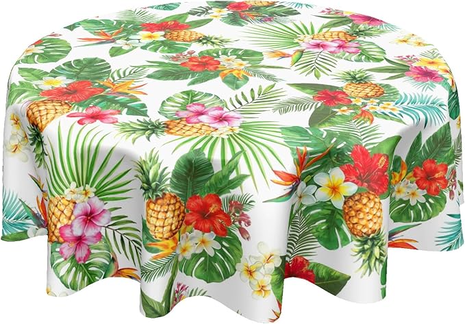 Summer Tropical Pineapple Round Tablecloth 60 Inch Green Hawaiian Palm Leaf Circle Table Cloth Floral Table Cover Washable Polyester Decorations for Kitchen Dinning Room Party