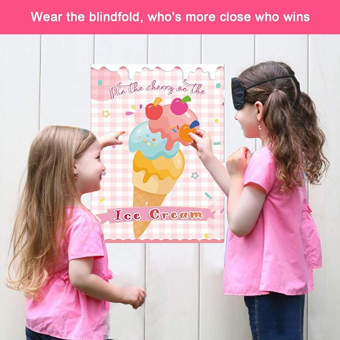 T-Antrix Pin The Cherry on The Ice Cream Game -Ice Cream Party Game with 21'' x 28'' Poster, Reusable Cherry Sticker Carnival Party Supplies Kids Birthday Party Favor Sets