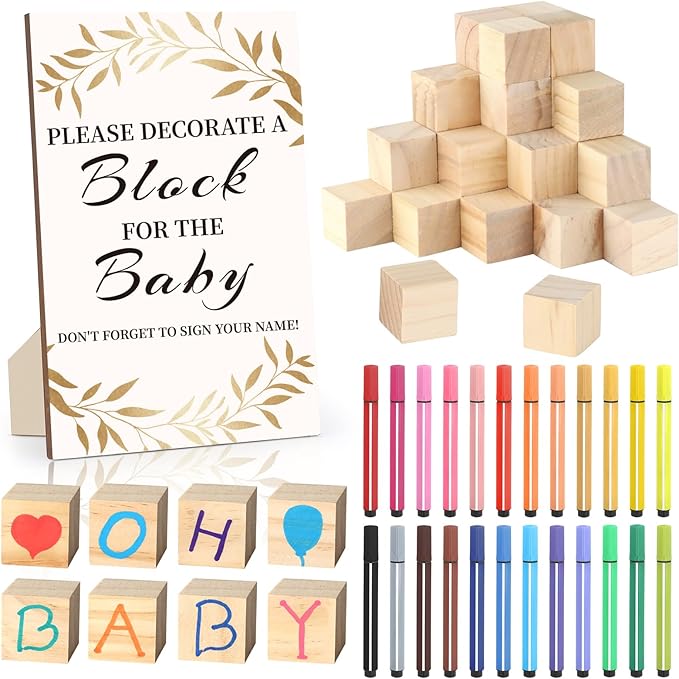 Baby Shower Games Sign Kit with 50 Blank Wooden Baby Blocks, 24 Acrylic Paint Marker and Wooden Sign, Blocks for Baby Shower Games, Gender Reveals Party(Gold)