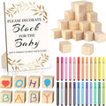Baby Shower Games Sign Kit with 50 Blank Wooden Baby Blocks, 24 Acrylic Paint Marker and Wooden Sign, Blocks for Baby Shower Games, Gender Reveals Party(Gold)