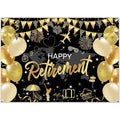 Mocsicka Happy Retirement Backdrop Pink Rose Gold Balloons Women Happy Retirement Banner Party Decorations Photo Booth Props (Black Gold, 7x5ft)