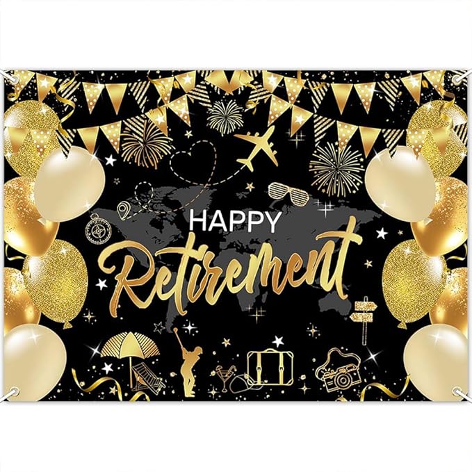 Mocsicka Happy Retirement Backdrop Pink Rose Gold Balloons Women Happy Retirement Banner Party Decorations Photo Booth Props (Black Gold, 7x5ft)