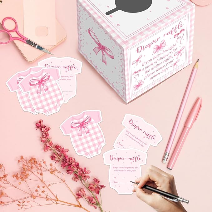 Pink Bow Baby Shower Decorations, Pink Bow Diaper Raffle Box for Baby Shower with 50PCS Cards Kids' Party Centerpieces, Baby Shower Game for Girl Baby Shower Decorations for Girl