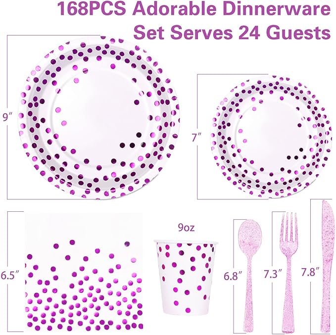 Purple Birthday Plates Decorations Party Supplies,168PCS Disposable Plates for 24 Guests - Purple Polka Dots Decorations for Birthday, Retirement, Wedding