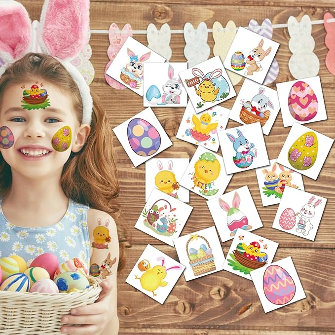 Easter Temporary Tattoos for Kids Party Supplies - 74 Individually Sheets Easter Egg Bunny Tattoos for Boys Girls Party Favors Goodie Bag Fillers