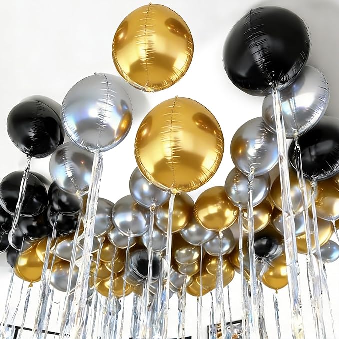 12Pcs Black and Gold Round Balloons Foil, 22" 18" 15" 10" 4D Round Ball Balloon, Giant Gold Black Silver Metallic Balloons for Graduation Wedding New Year Eve Prom Birthday Decorations Supplies
