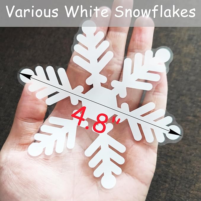 White Snowflake Window Clings for Christmas Decorations, Holiday Frozen Winter Wonderland Party Supplies, PVC Snowflake Static Stickers for Window Glass, 180PCS (Plain White)