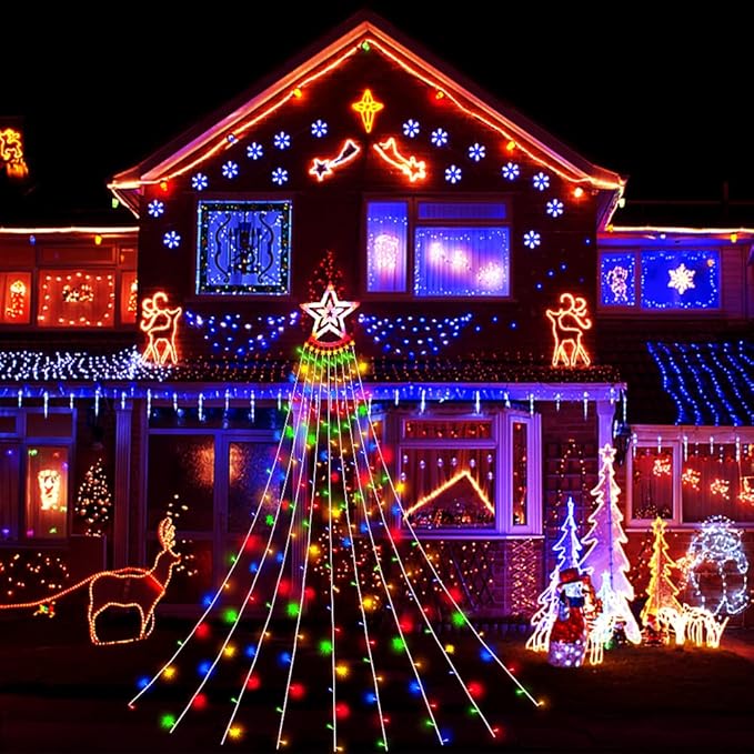 Aokudoni Outdoor Christmas Decorations: 12.6ft 350LED Waterfall Lights 8 Modes Christmas Lights, Xmas Tree House Yard Porch Patio Garden Decor, Multicolor
