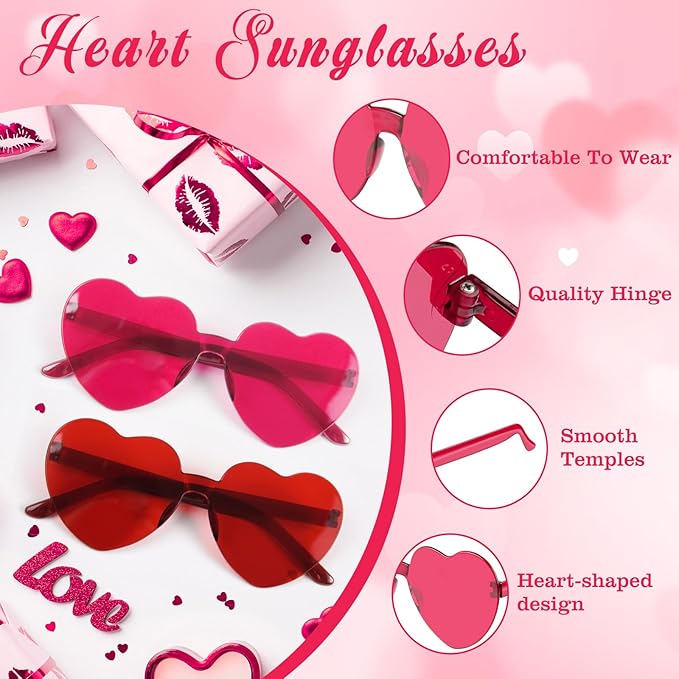 PLULON Heart Sunglasses for Women 5/12/25 Pcs, Heart Glasses Valentine Day Rimless Shaped Candy Color Fun Glasses Party Favor
