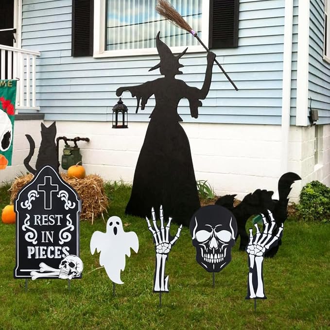 hogardeck Halloween Decorations Outdoor, 5 Pcs Metal Decorative Garden Stakes with Skulls Head, Hands & White Ghosts for Halloween Decor, Tombstone Yard Signs for Outside Garden Lawn Patio Porch