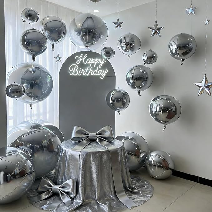 12PCS Silver Foil Balloons, 22in 15in 10in Different Sizes 4D Round Foil Balloon Large Silver Metallic Sphere Balloons for Graduation New Year Birthday Party Ceiling Decorations