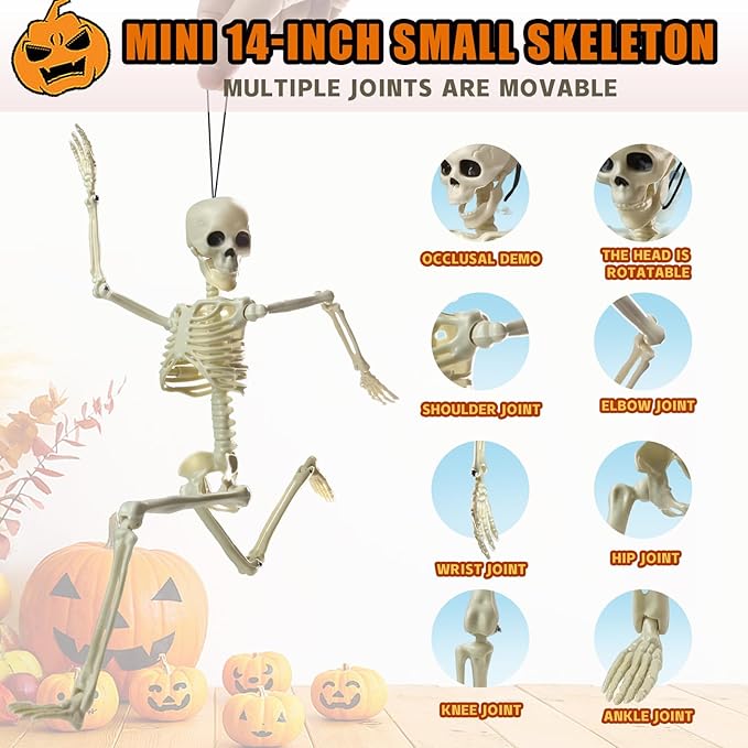 HADWYN 5 Packs Halloween Skeleton Decorations,16" Full Body Posable Joints Skeletons for Halloween Decorations, Indoor and Outdoor Horror Atmosphere Decorations