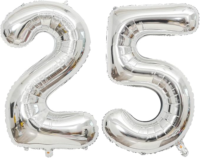Large Silver 25 Number Balloons, 40 Inch Jumbo Number 25 Balloon, Silver Foil Mylar Balloons for Girl Sweet 25th Birthday Party, Anniversary Decorations