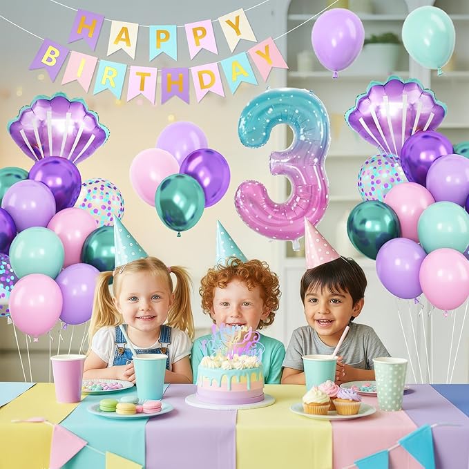 Mermaid 3rd Birthday Decorations for Girls,3rd Party Decorations Metallic Purple Green Pink Blue Latex Balloons Number 3 Seashell Foil Balloons Banner Cake Topper Sea Party Decor