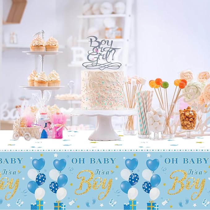 Tevxj 3 Pack Baby Shower Tablecloths Plastic Blue Baby Boy Shower Decorations Gender Reveal Party It's A Boy Table Covers for Baby Boy Birthday Shower Party Supplies, 54 x 108 Inch