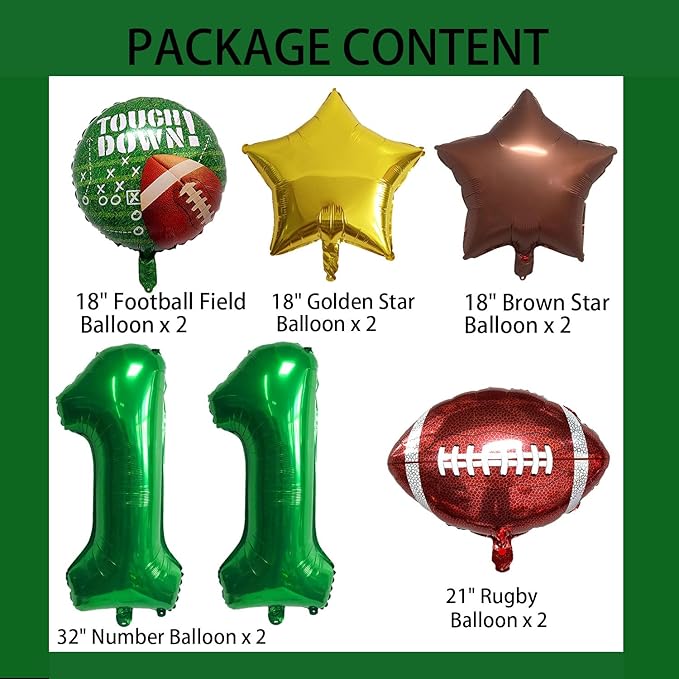 Football Balloons Foil Football Birthday Decorations Balloons Green Number 11 Balloon Gold Brown Star Touchdown Ballons for Rugby Birthday Decorations Sports Ballons Arch Kits Party Balloon Sets 10pcs
