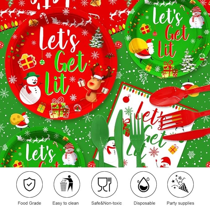194 Pcs Christmas Party Supplies Decorations Friendsmas Christmas Party Decorations Let's Get Lit Santa Snowman Disposable Tableware Set with Plates Napkins and Tablecloth Serves 24 Guests