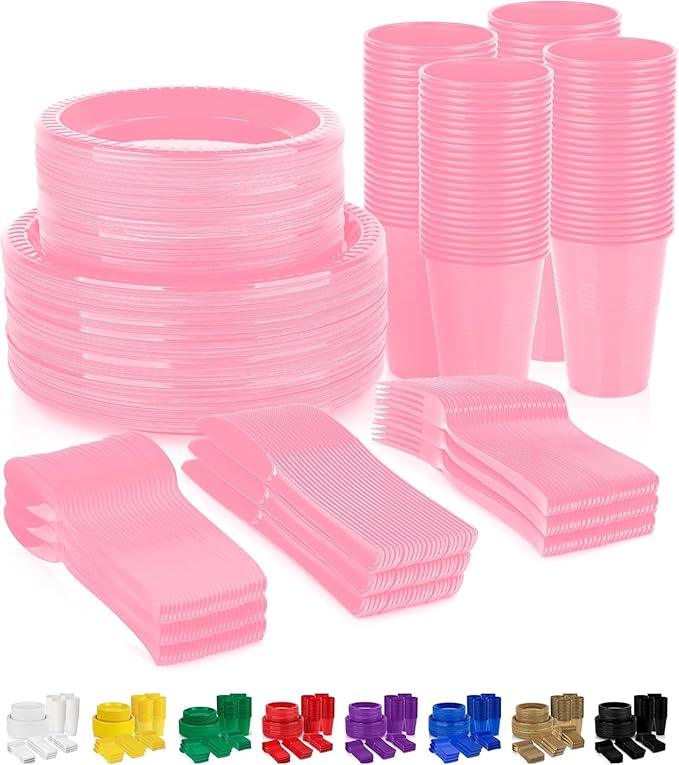 Grandipity 720 Piece Disposable Dinnerware Set, Plastic Dinnerware Set Includes 120 Count 9' Dinner Plates, 7' Dessert Plates, 12oz Cups, Forks, Knives & Spoons - Pink