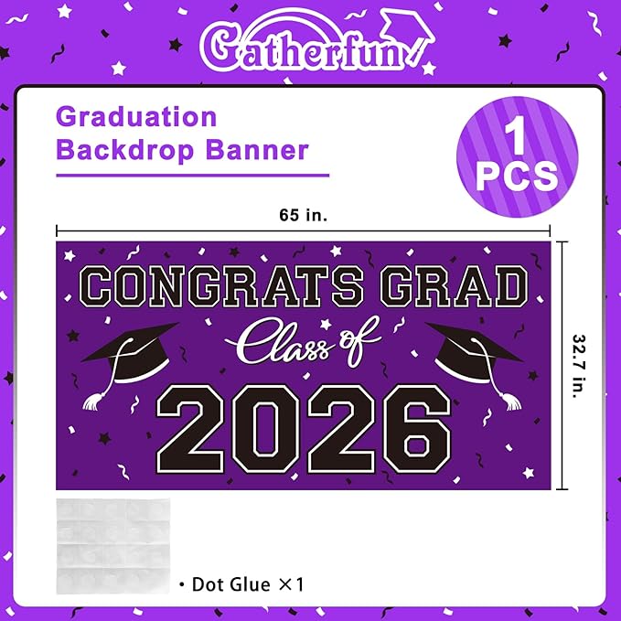 2026 Graduation Party Plastic Backdrop - 65" x 32.7" Congrats Grad Banner in Purple, Large Class of 2026 Decorations, Photography & Grad Party Supplies