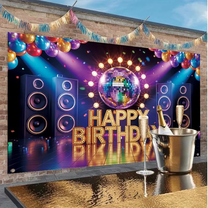 71x43 inch Birthday Party Porch Banner Large hanging decoration for indoor and outdoor use, made of reusable high-strength fabric with shiny letters and balloon design, suitable for terrace, deck, and backyard celebrations, easy to hang and store.