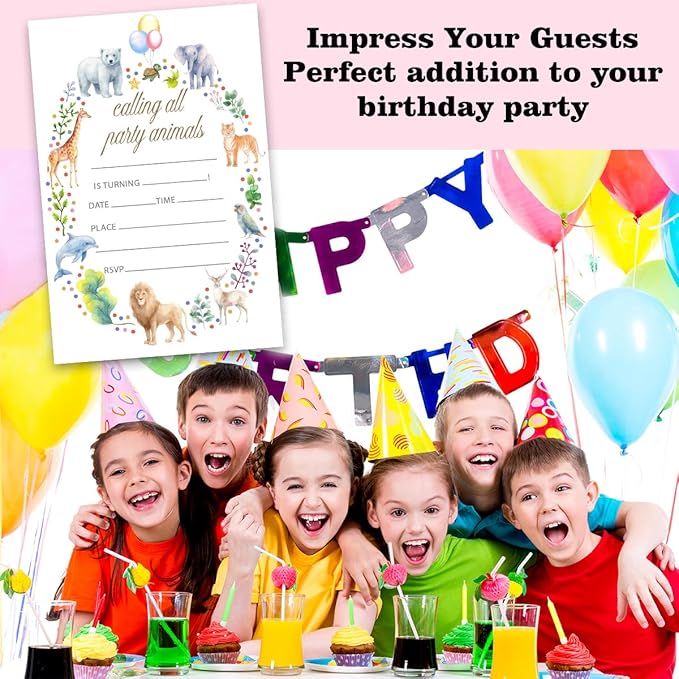 Jungle Safari Birthday Party Invitation Cards For Girls Boys Kids, Calling All Animals Birthday Party Supplies Favors, 20 Fill-In Invitation Cards with Envelopes -29