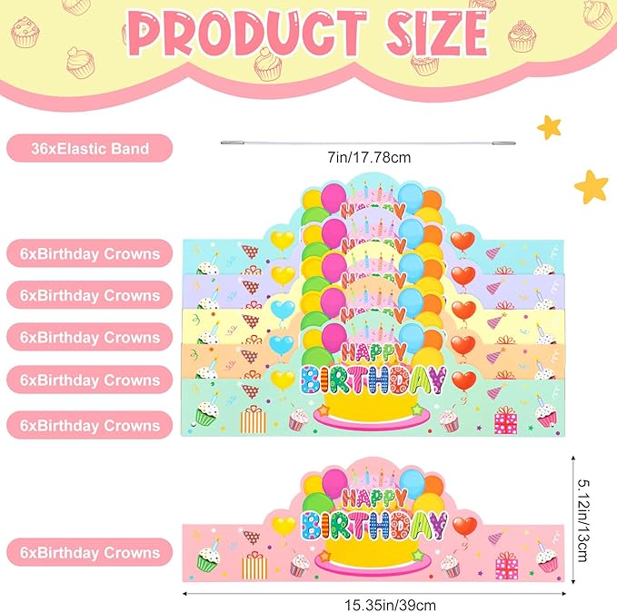 Yunsailing 36 Pcs Happy Birthday Crowns for Kids Paper Birthday Hat Crowns for Classroom Gifts Kids' Party(Macaron Color)