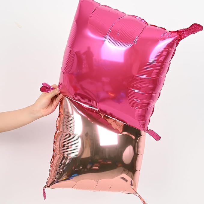Hot Pink Rose Gold Square Foil Balloons Wall, 25PCS Double Sided Chrome Deep Pink Rose Balloons Tunnel Arch Kit Backdrop for Girls Birthday Party Bridal Shower Wedding Engagements Decorations