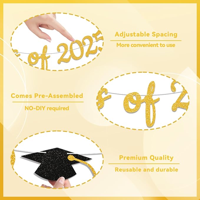 Class of 2025 Banner - 2025 Graduation Decorations, Congrats Grad Decor, We are So Proud of You Banner, 2025 Senior High School Graduation Party Decoration(Gold)